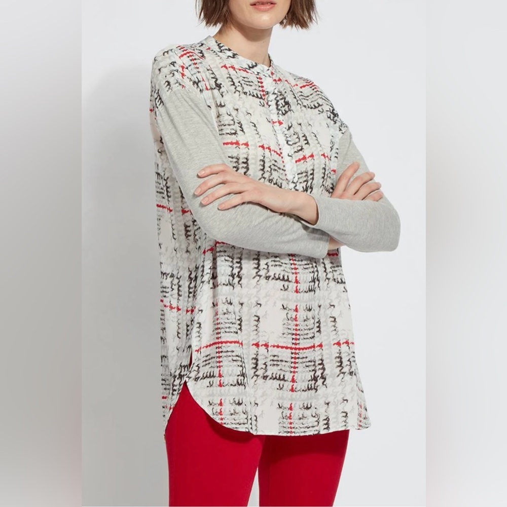 Lysse Larimer mixed media tunic in Winter Plaid